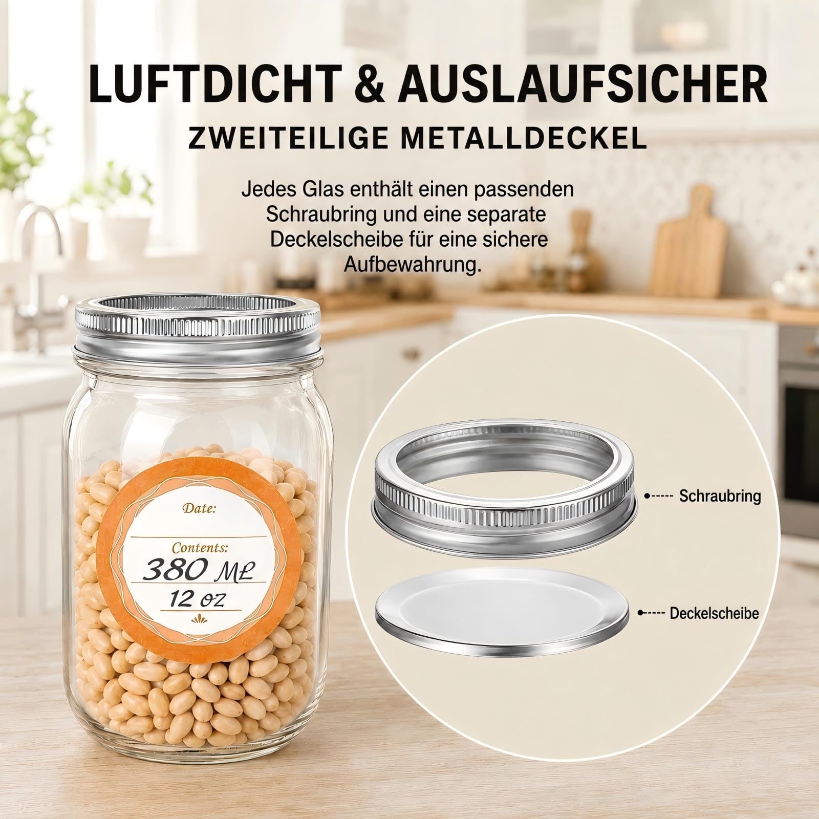 20er Set Einmachgläser 380 ml, Mason Jars mit zweiteiligem Schraubdeckel
