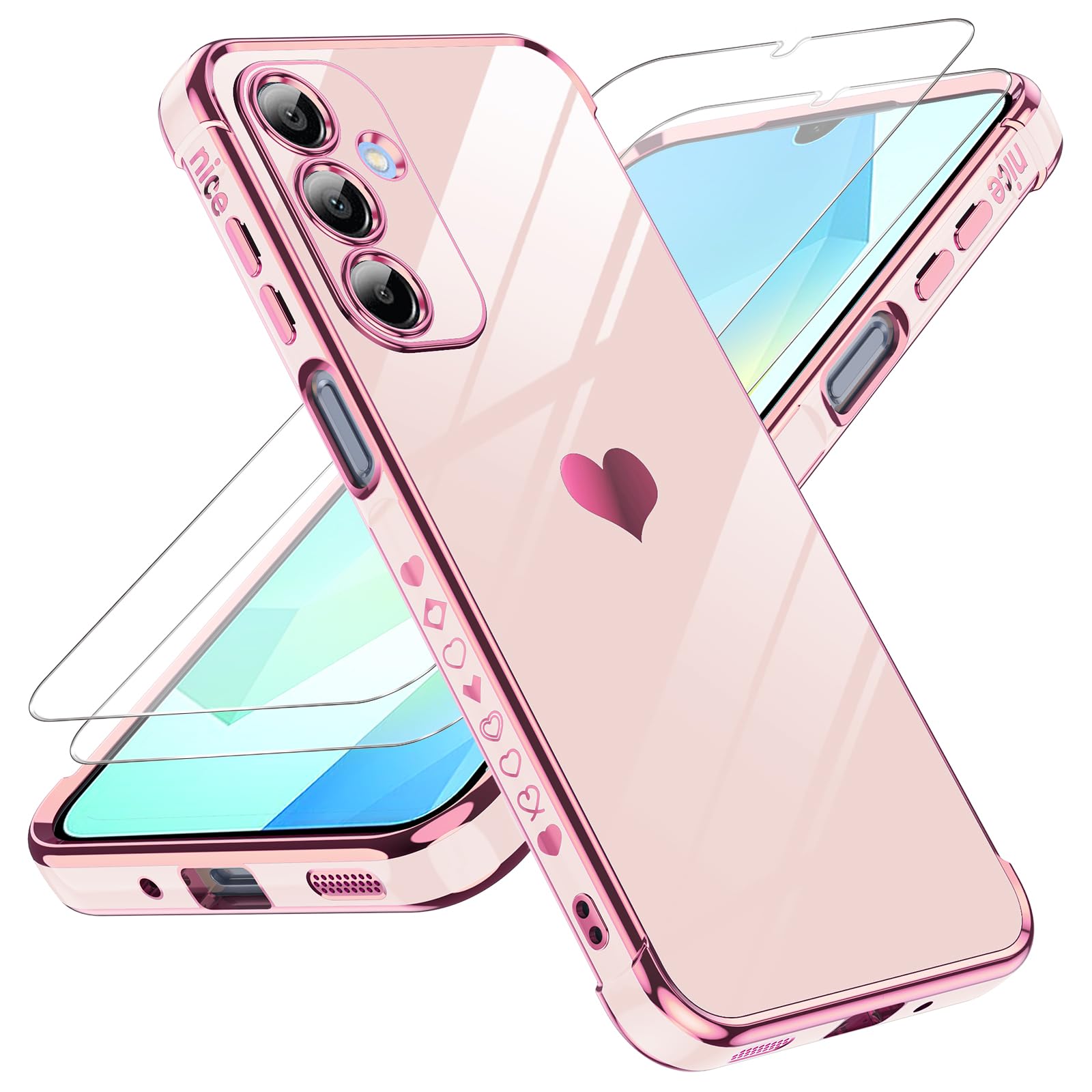 LeYi for Galaxy A16-5G Phone Case: Tempered Glass Screen Protector [2 Pcs]+ Full Camera Lens Protection,Love Heart Plating Luxury Shockproof Phone Case para Samsung A 16 5G Cute,Pink