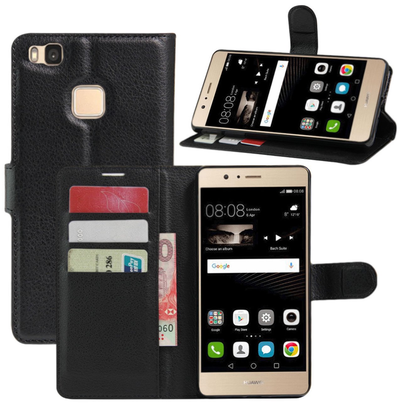 HualuBro Cover Huawei P9 Lite, Flip Case in PU Pelle Premium Portafoglio Cover [Funzione Stand] [Slot Carte] Leather Wallet Phone Custodia per Huawei P9 Lite (Nero