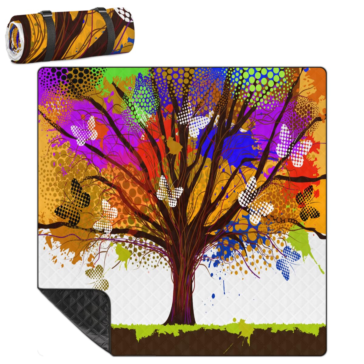 Shimoshe Extra Large Picnic Blankets 79”x 79”, Colorful Butterfly Tree Waterproof Foldable Picnic Mat with Straps Portable Beach Blanket for Camping Park Grass Beach Indoor