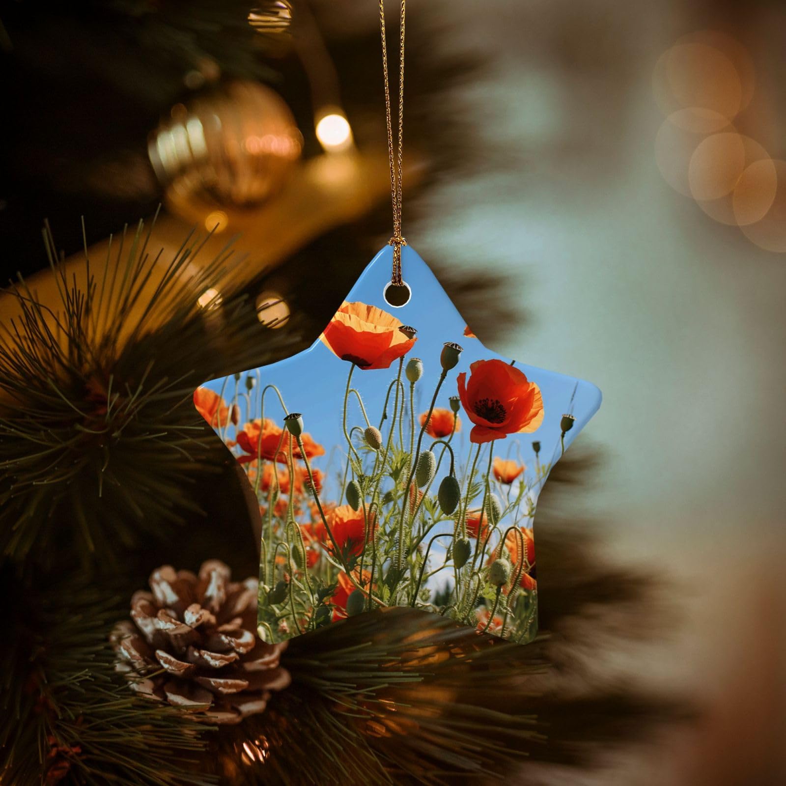 Christmas Ornaments for Christmas Tree Decoration Hanging Poppies on Blue Sky Ornament with Gold Ribbon Crafts Star Shape Ceramic Pendant for Keepsake Gifts Xmas Decor Party Supplies