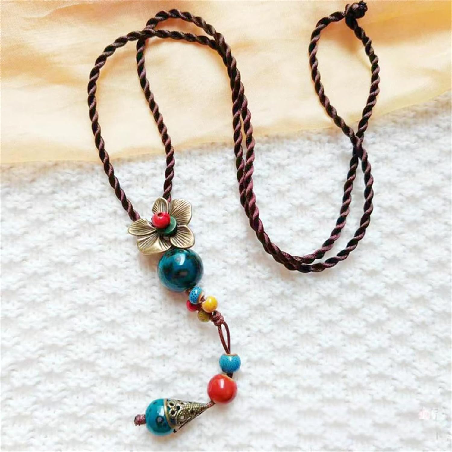 Boho Hippie Antique Flower Y Necklace for Women Vintage Colorful Ceramic Bead Long Strand Necklace Summer Statement Jewelry Gift - Image 6