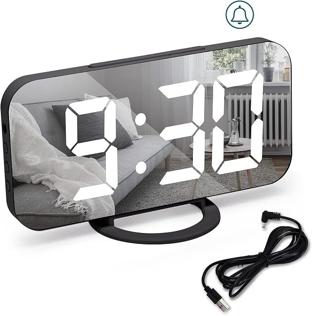 Digital Alarm Clock, Alarm Clocks Bedside, Non Ticking Alarm Clock, Alarm Clock with Dimmable LED Display, Digital Mirror Alarm, Snooze, 3 Dimmer Modes, USB Alarm Clock for Bedroom Decore-Black