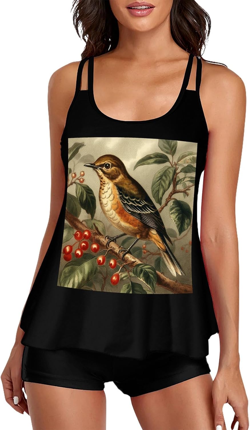 Bird on Branch Tankini Swimsuits for Women Tummy Control Two Piece Bathing Suits Swim Tops with Boy Shorts