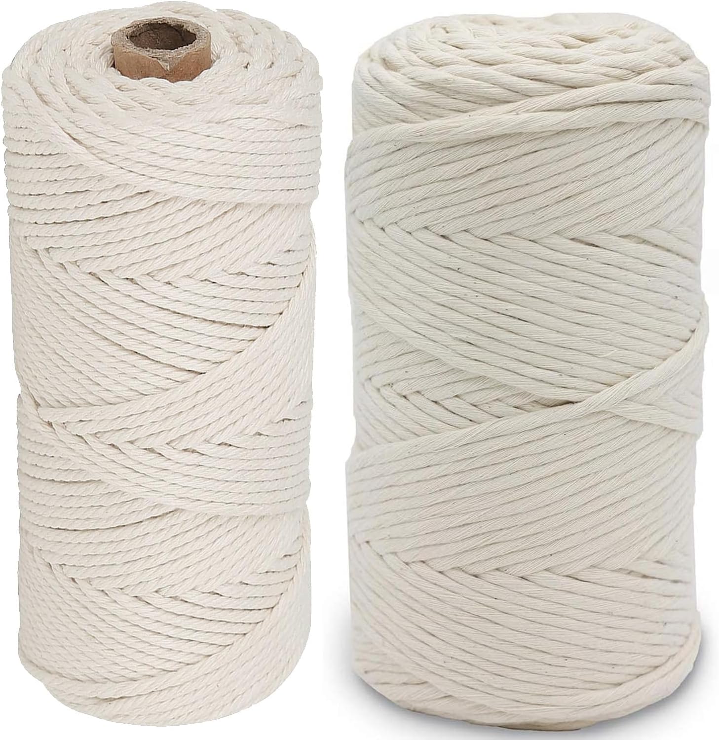 Premify 2 Packs 2mm + 3mm White Cotton Rope Macrame Cord, Natural Durable Long Rope Handmade Art Material for Craft Wall, Hanging Plants, Drawstrings, Gardening, Home Decorations (200 Meters)