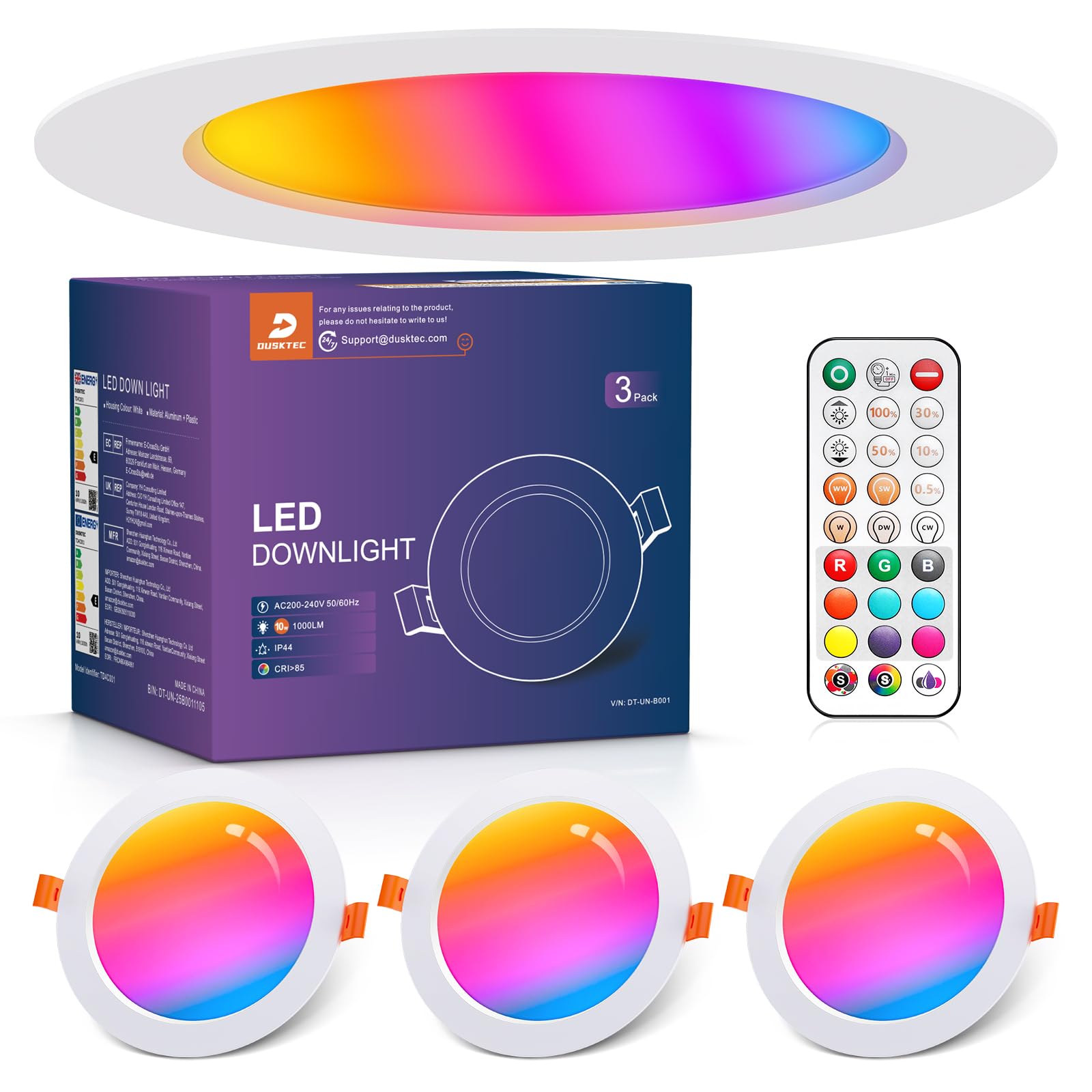 DUSKTEC LED Downlights for Ceiling, RGB Spot Light with Remote Control, 10W Warm White to Cool White Recessed Ceiling Lights Dimmable, Colour Changing Spotlights for Bathroom Kitchen Living Room