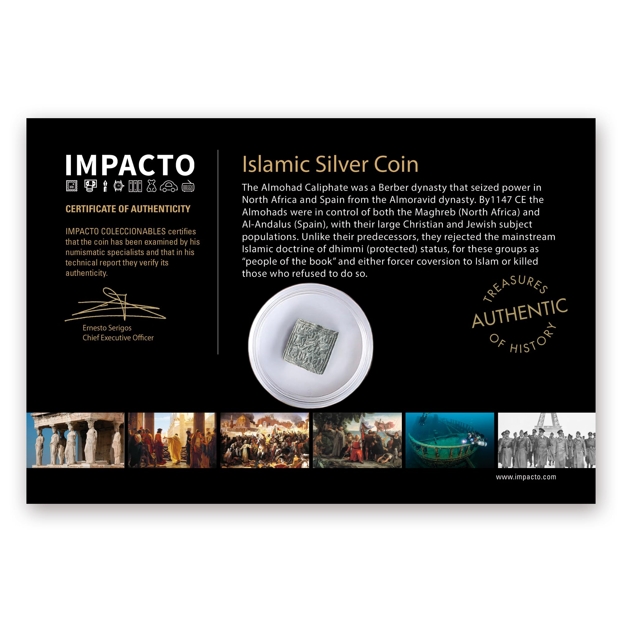 IMPACTO COLECCIONABLES | Auténtico Dirham Andalusí Almohade (Siglos XII-XIII) – Moneda Histórica con Diseño Epigráfico – Pieza Única de Colección con Certificado de Autenticidad