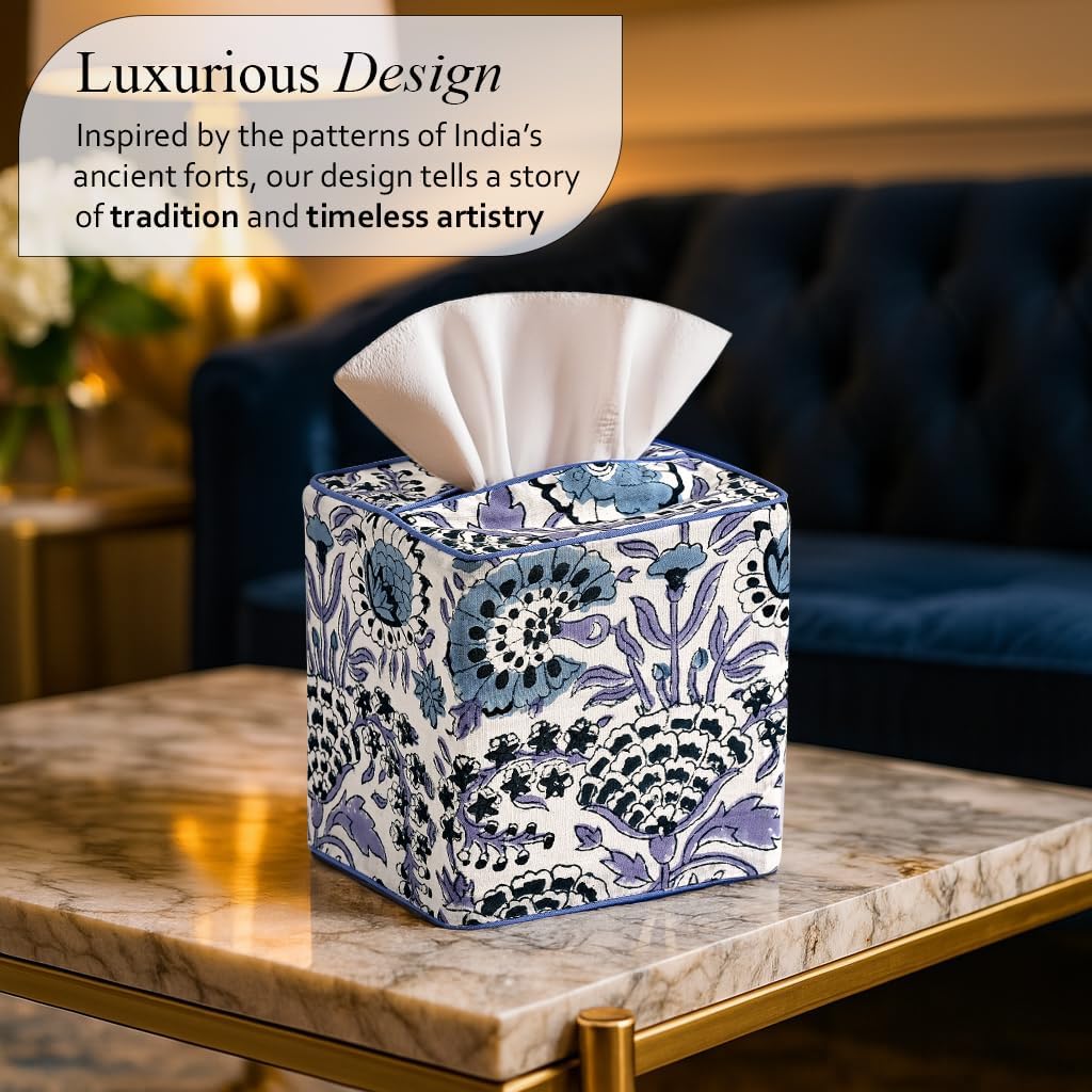 CPC Indigo Blue Block Print Square Tissue Box Cover 100% Cotton image 2