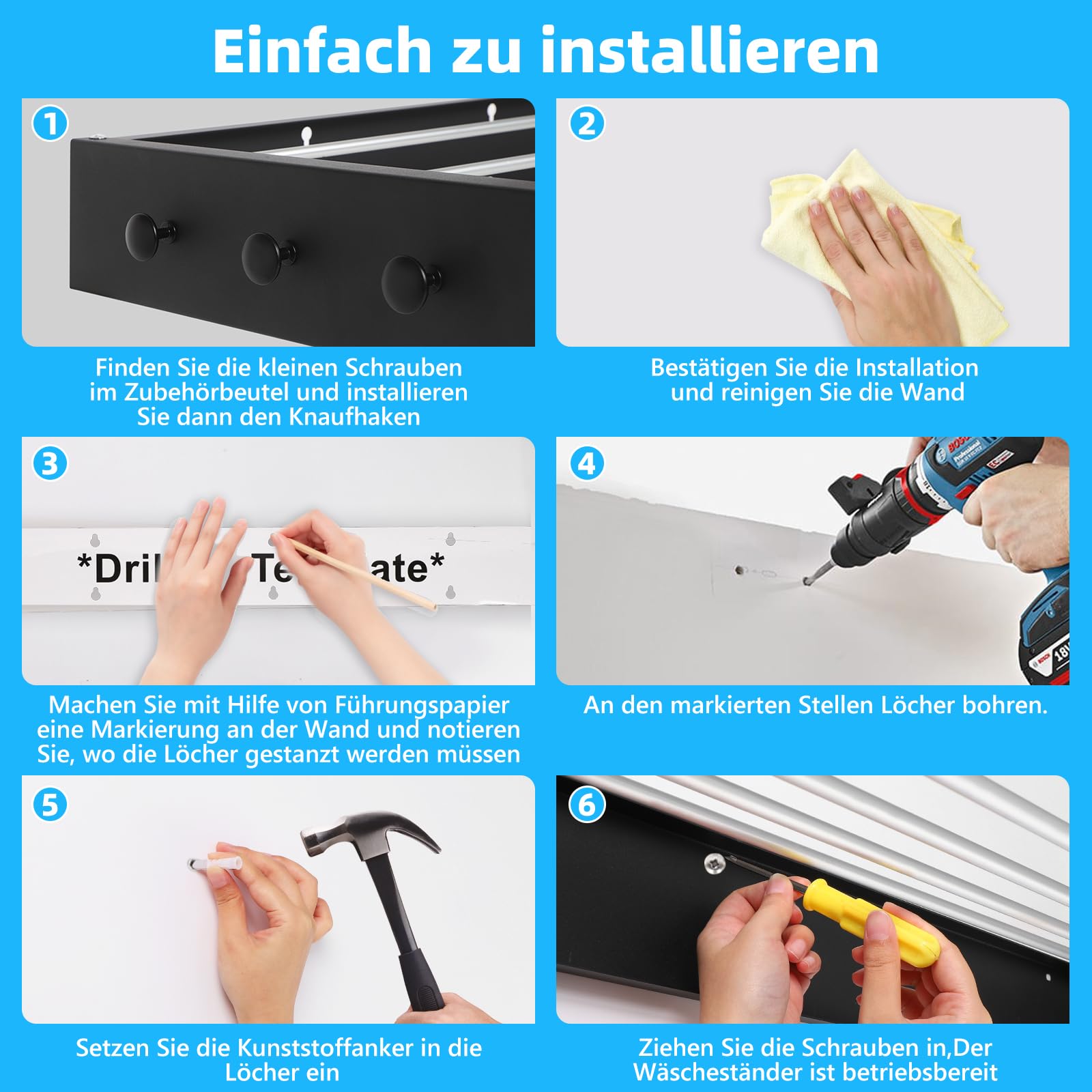 Wäscheständer Wandmontage Wäschetrockner Wand Ausziehbar 100cm Schwarz | Platzsparend Wand Wäschetrockner mit 6 Handtuchhaken, für drinnen oder draußen,Balkon, Terasse