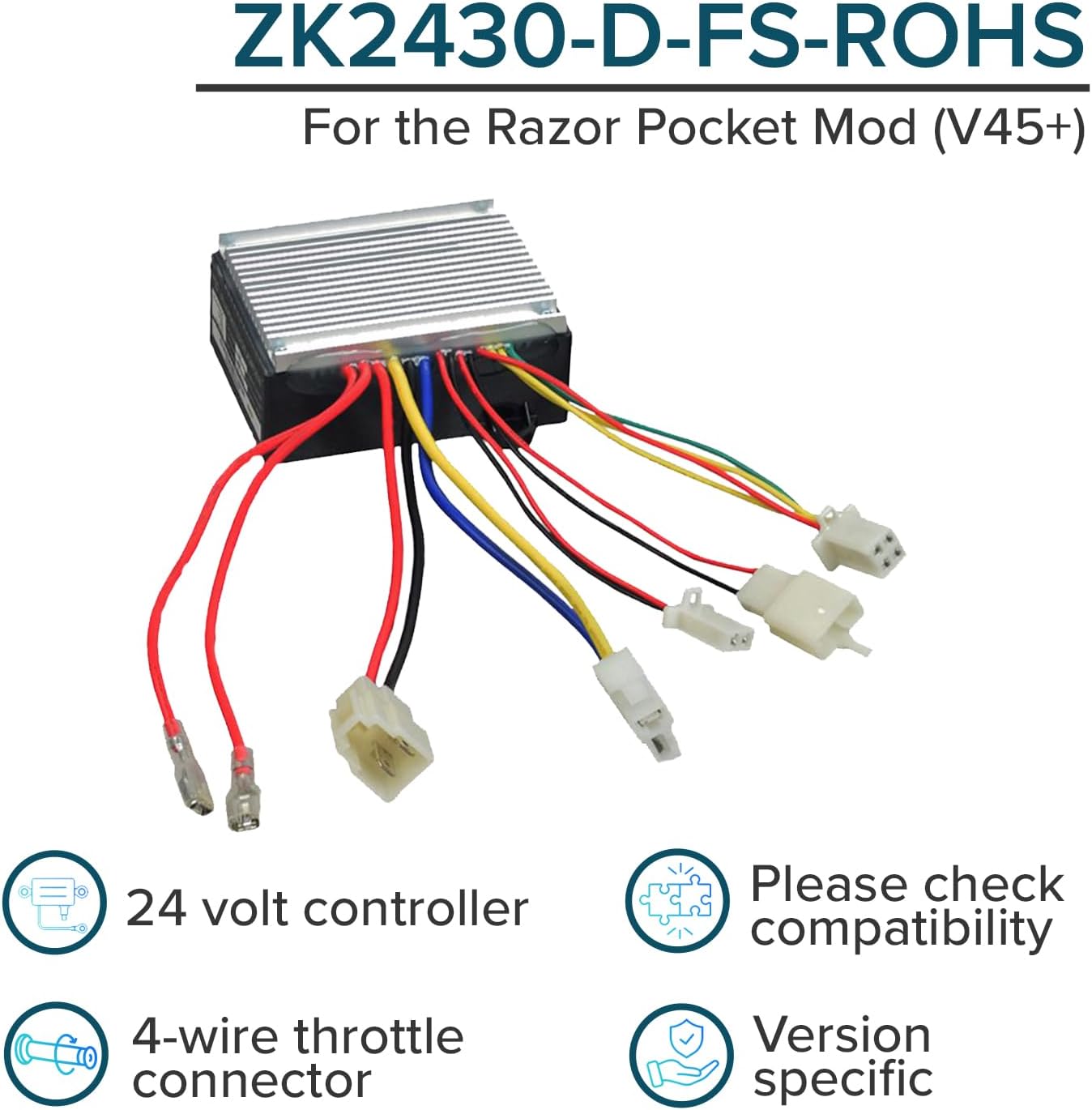 AlveyTech ZK2430-D-FS Control Module for Razor Pocket Mod Betty/Bistro/Bella/Daisy/Blossom Scooter (Ver 45+) - Versions 45+ Only, Replacement Controller for Electric Scooters, Bicycle and Dirt Bike