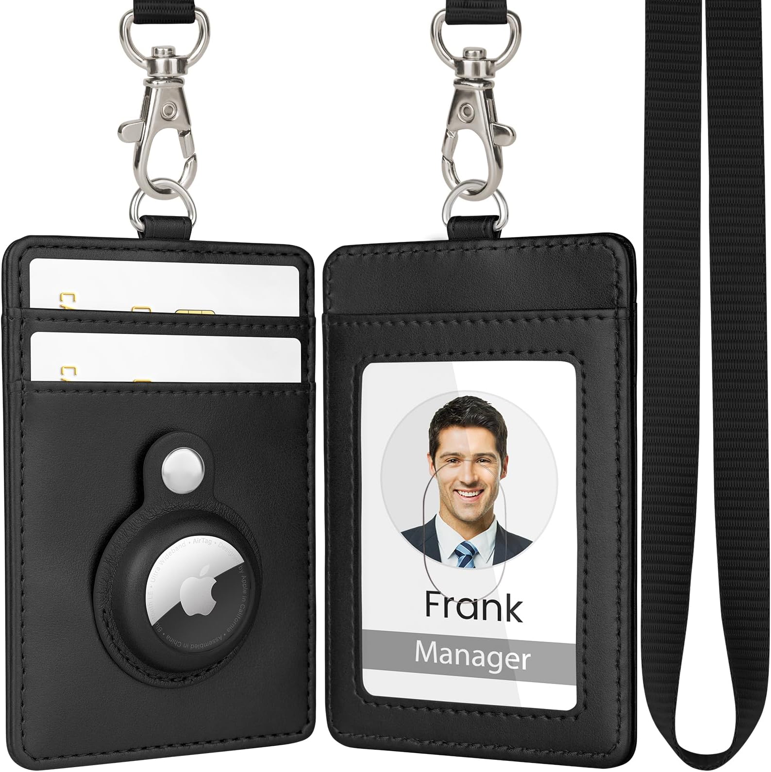 TALONITE AirTag Badge Holder, PU Leather ID Badge Holder with 1 Clear ID Window & 2 Credit Card Slot & 1 Detachable Neck Lanyard