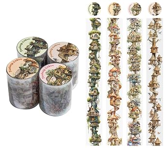 4 Rolls PET Tape Stickers for Journaling, Fantasy Cottage Themed for Journaling,Scrapbooking, Junk Journal, Notebook, Planner, DIY Craft Treehouse