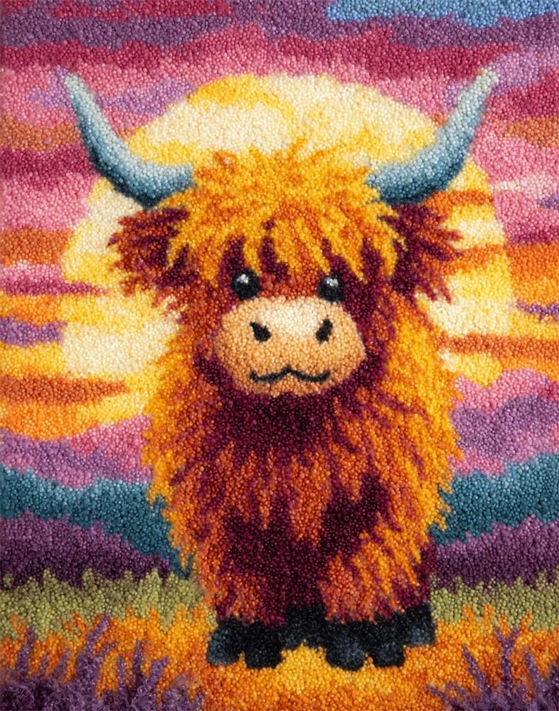 FWRTYCB Latch Hook Kits Rugs,Sunset Highland Cow Cub
