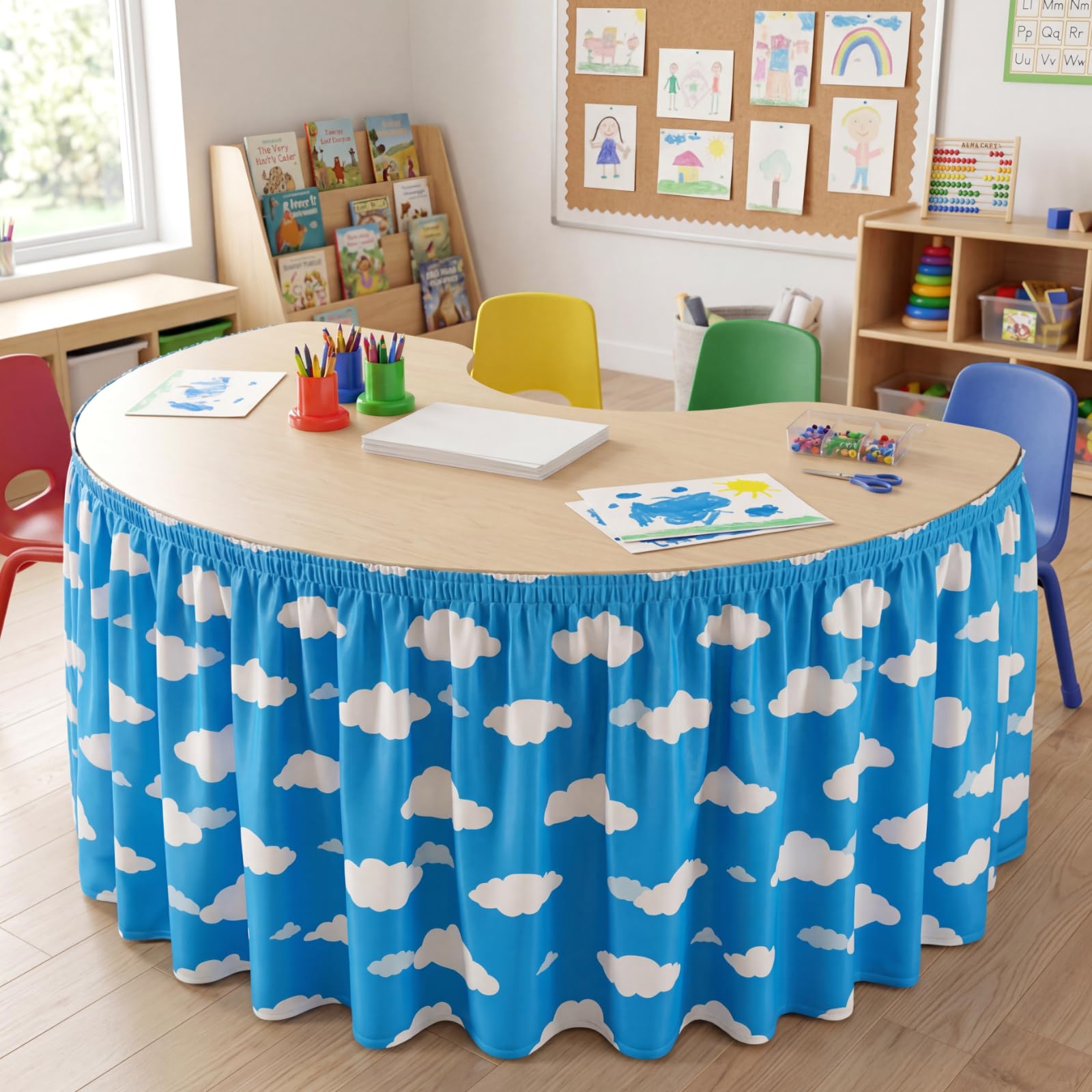 Oudain 9 ft Blue Sky White Clouds Table Skirt for Teacher Desk | Wrinkle Blue Sky White Clouds Table Cover Skirt for Kindergarten Classroom Kidney Shaped Desk Back to School Supplies