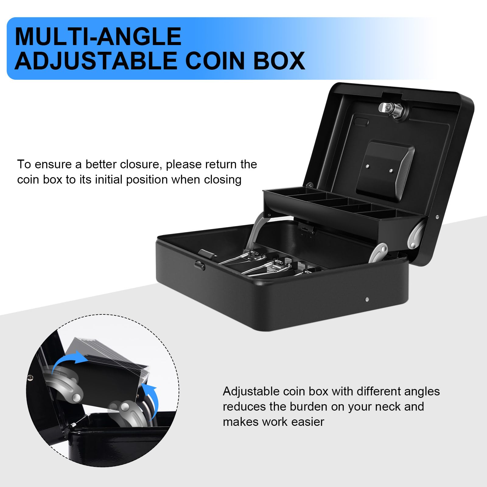 Sgorlds Cash Box Metal Money Box with 4 Bill 5 Coin Cash Tray Coin Compartmentand and Key Lock on Top - Image 3