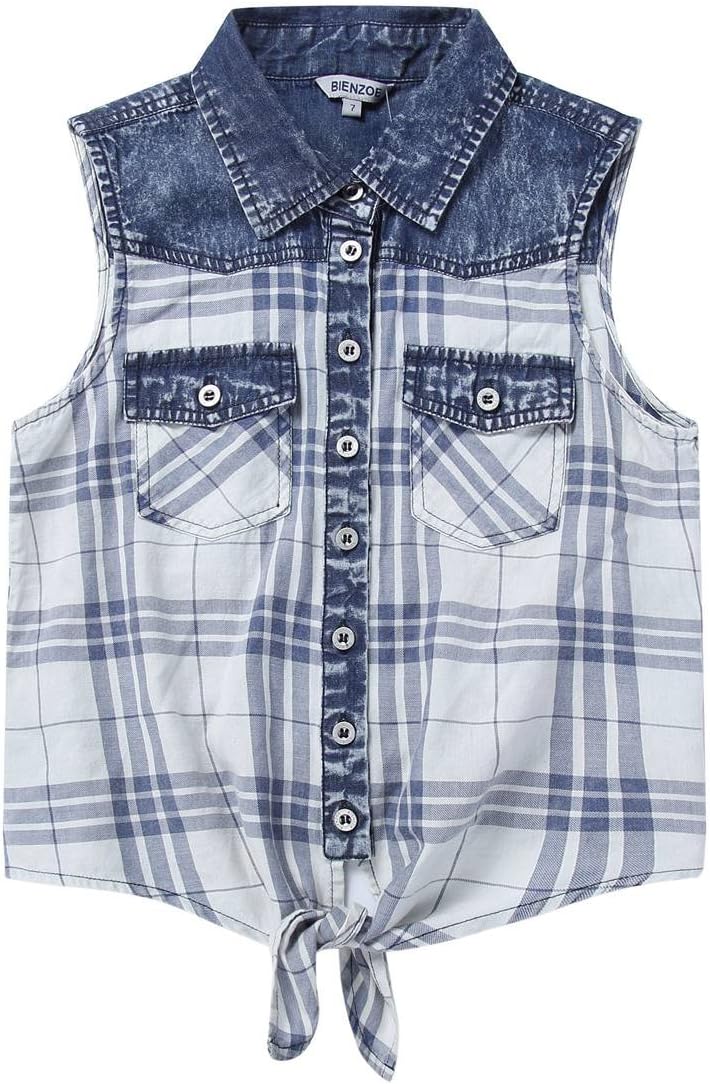 Bienzoe Girls Crop Tank Tops: Cowgirl Plaid Sleeveless Button Down Western Casual Blouse