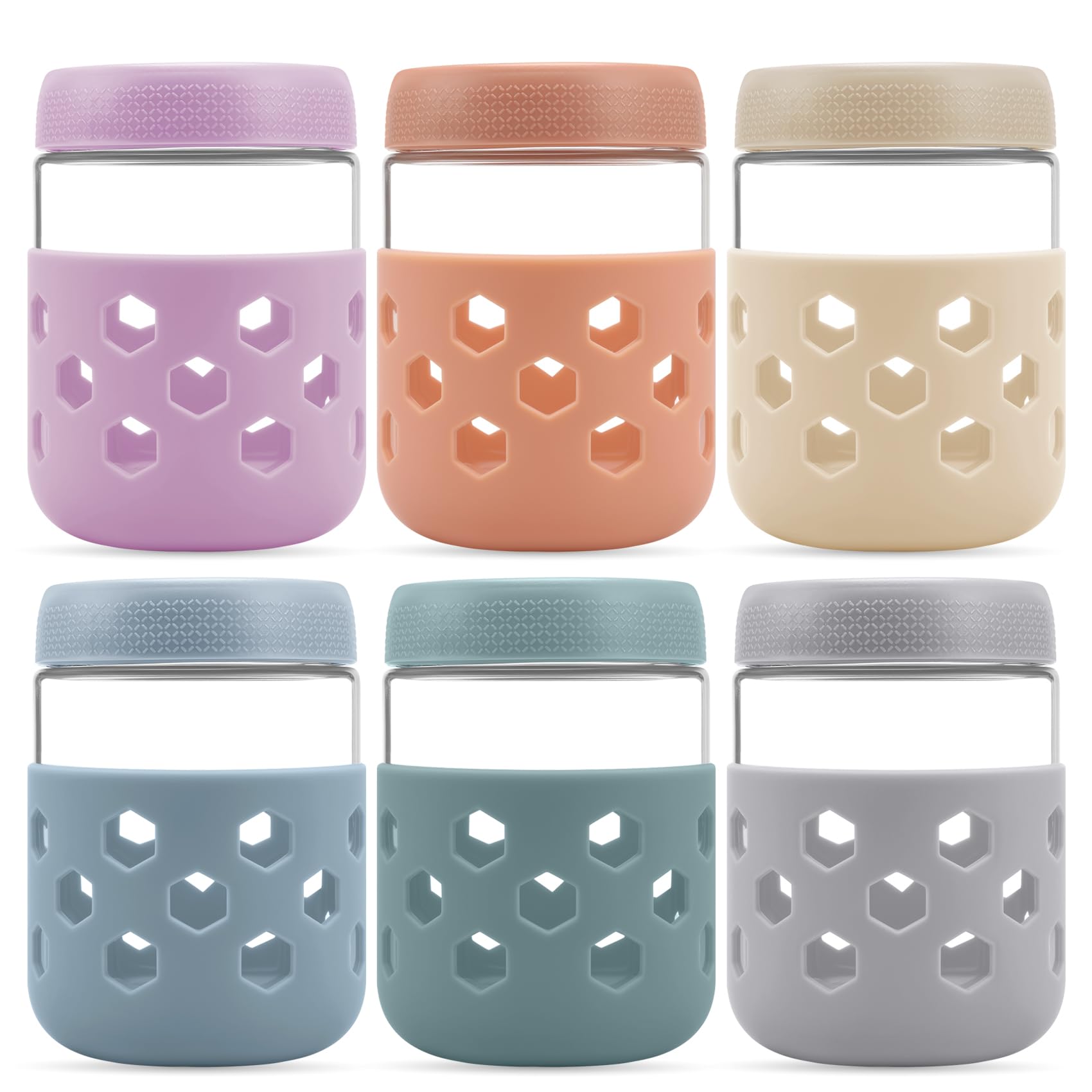 Tsudoku 6-Pack Glass Overnight Oats Jar with Silicone Sleeves, 500ml Overnight Oats Containers with Lids, Salad Breakfast Pots Jars for Pudding Granola Yoghurt Porridge Cereals