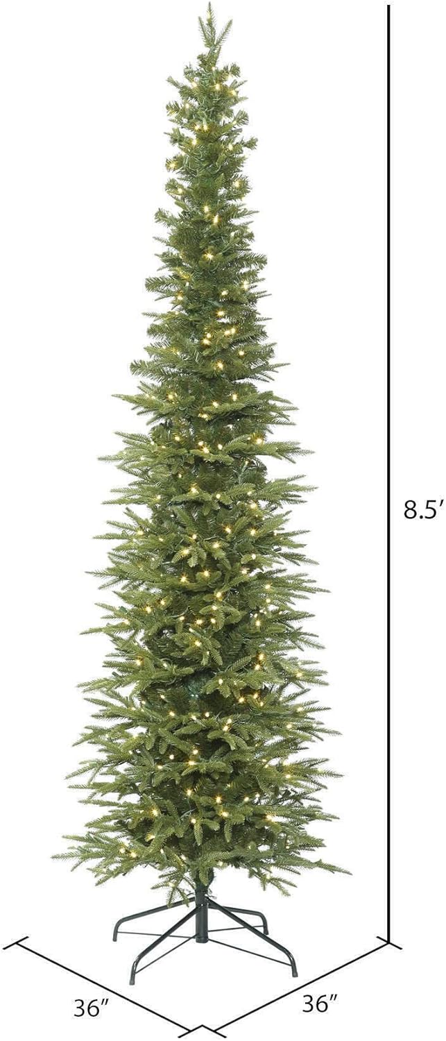 Vickerman 8.5' Bixley Pencil Fir Artificial Christmas Tree - Small Skinny Christmas Tree Prelit with Warm White Dura-Lit LED Lights - Metal Hinged Branches and Folding Stand