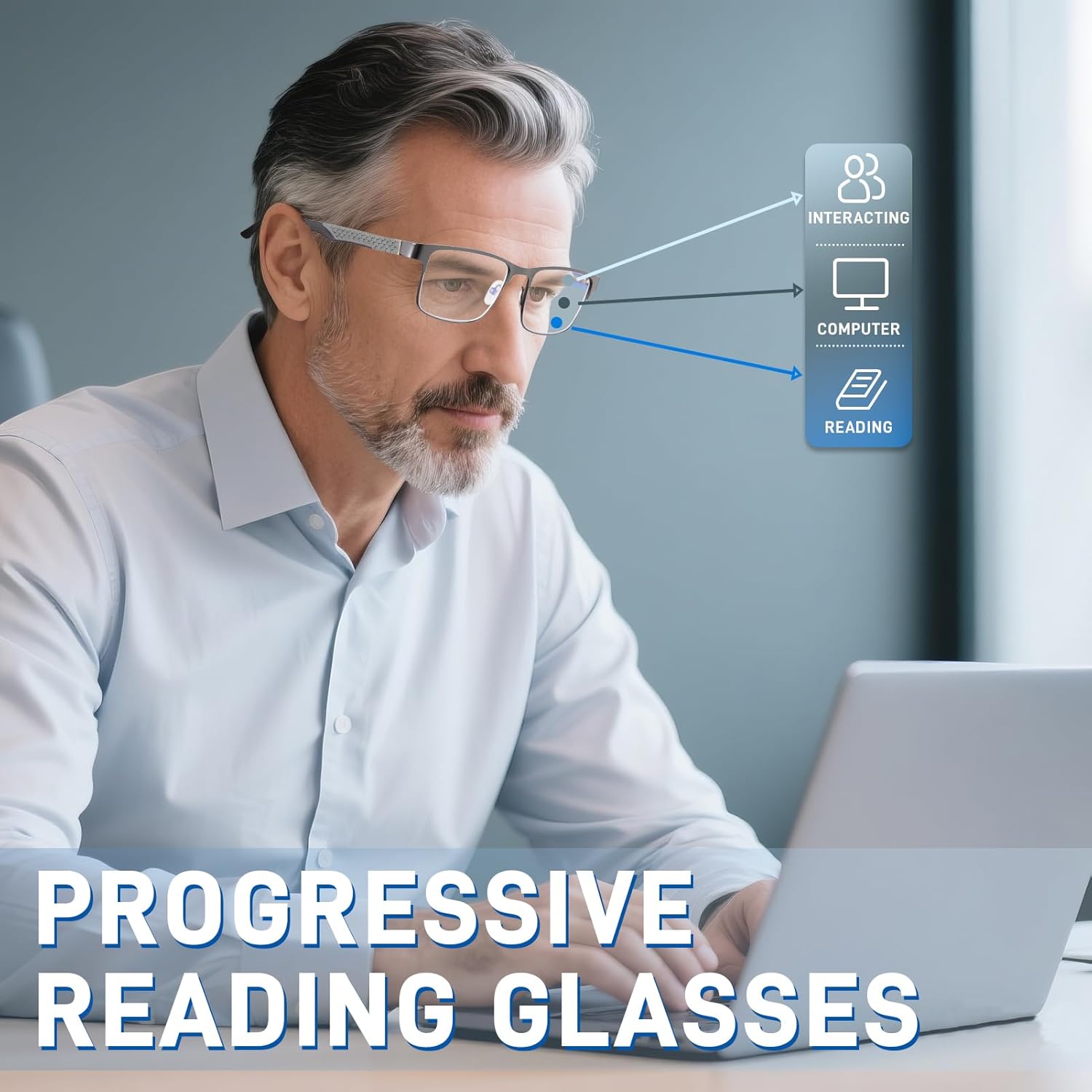2 Pack Men's Progressive Multifocal Reading Glasses,Rectangle Metal Frame with Spring Hinge Silicone Temple Blue Light Blocking Lenses Computer Readers Anti Eyestrain,2.5x - Image 3