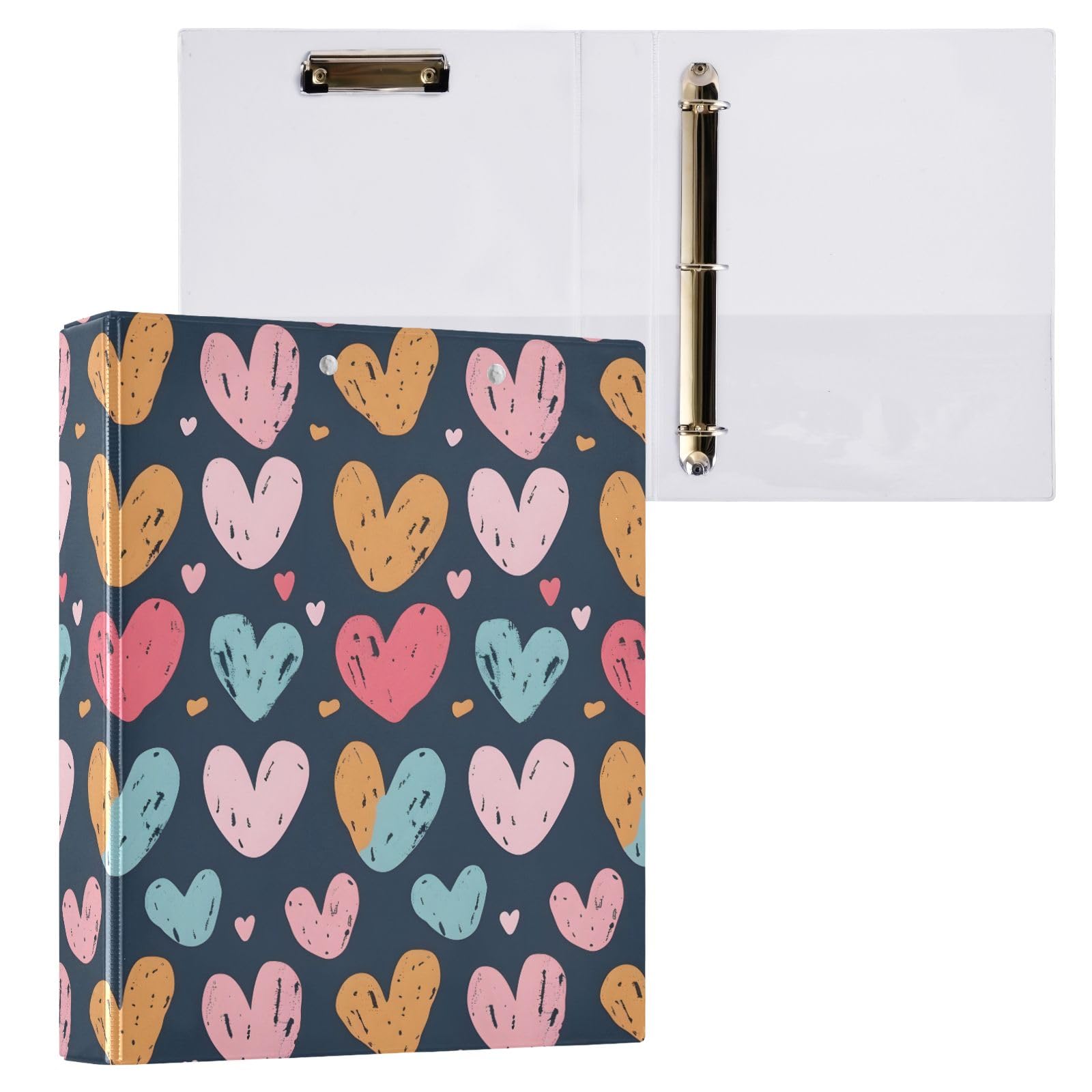 Raccoglitore a 3 anelli con disegno a mano con piccoli cuori, rotondo da 3,8 cm, contiene 200 fogli con 3 tasche interne in PVC trasparente, per scuola e ufficio
