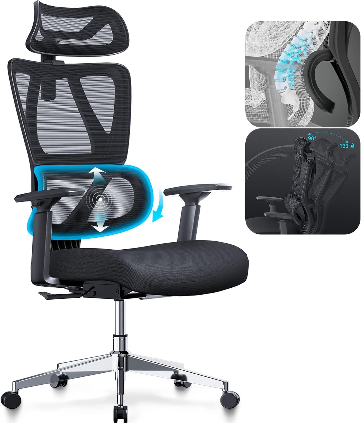 MELOKEAErgonomic Office Chair with Auto-chasing Lumbar Support 10CM Thicker Spring Cushion 3D Arm Widened Headrest Patented Weight-sensing Base 133° Lock Solidly Built Mesh, EN1335 Standard