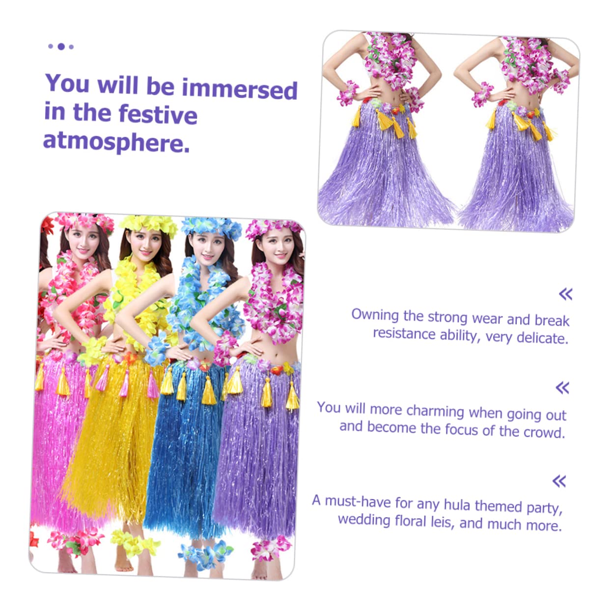 Healvian Juego de 8 Piezas Faldar de Hierba Gruesa Púrpura para Disfraz Hawaiano, Resistente y Decorativo Guirnalda Floral, Adecuado para Fiestas de Disfraces y Luau
