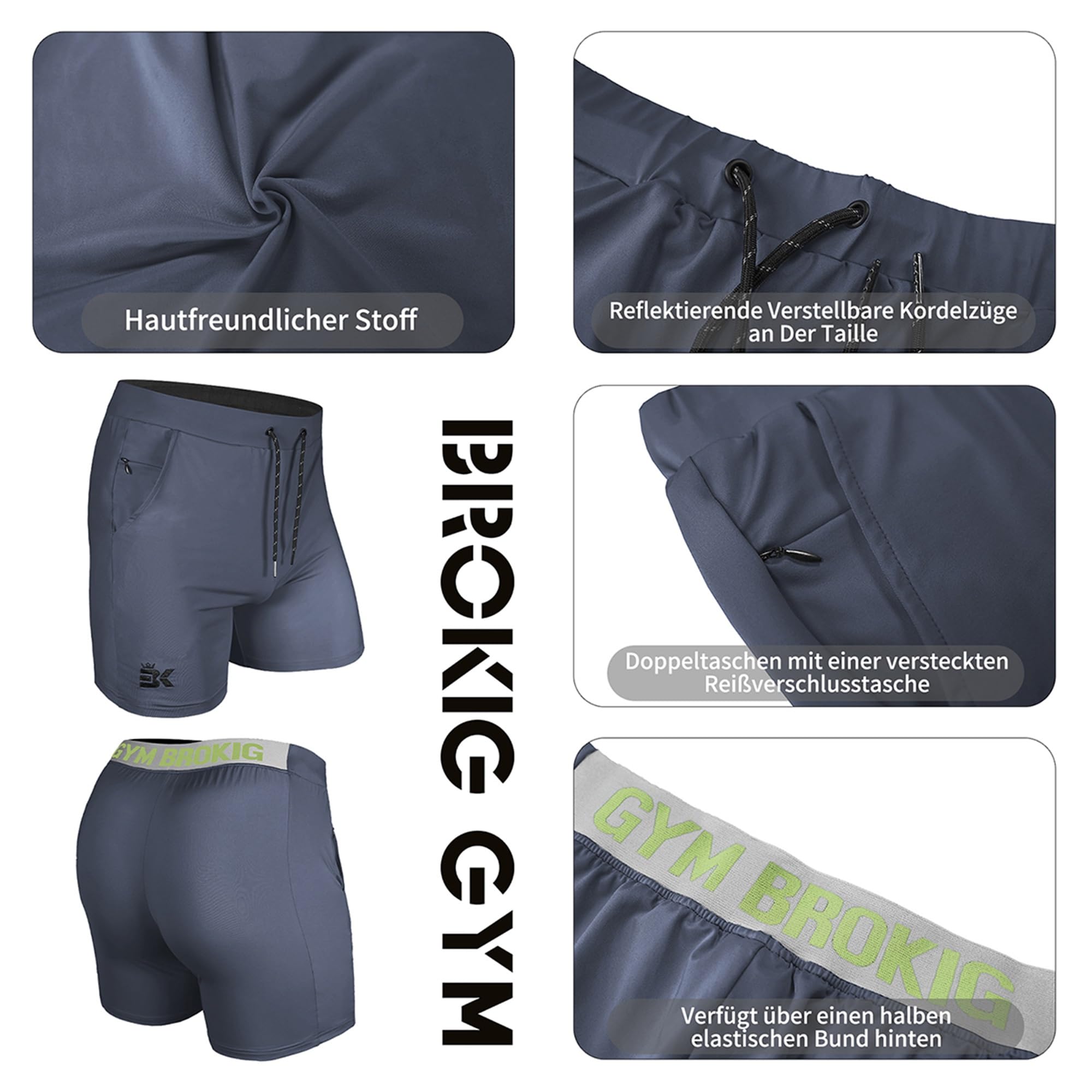 BROKIG Laufhose Herren Kurz Trainingsshorts Running Shorts | Herren Sport Shorts Schnell Trocknend Kurze Hose, Fitness Sporthose Herren Kurz, Gym Workout Shorts