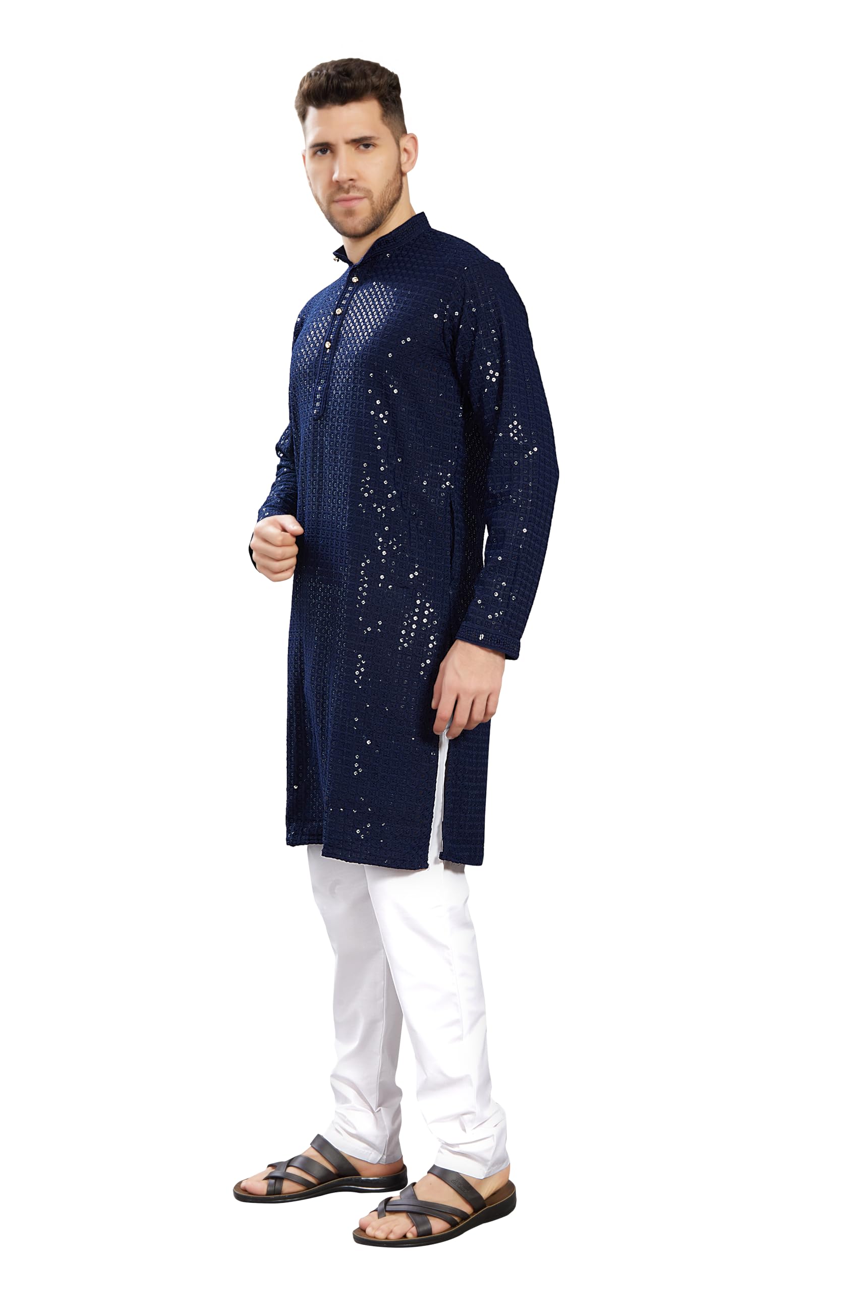Divisive Men's Sequince Embroidered Cotton Blend Only Slim Fit Kurta (Dkrt743_M_Navy)