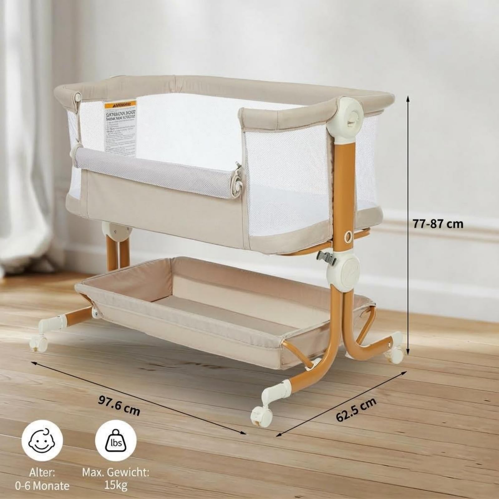 3 in 1 Baby-Beistellbett mit Weich Matratze | Sicher Getestet & Vielseitig Einsetzbar, 7-Fach Höhenverstellung, Faltbare Seitenwand mit Rollen für Zuhause und Unterwegs