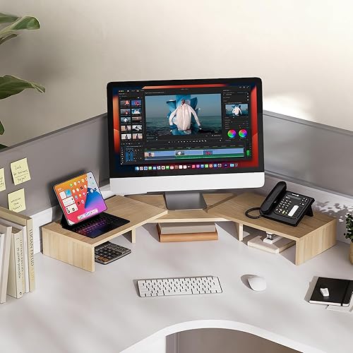 Miniatura 6 de FITUEYES - Soporte doble para monitor  Elevador de monitor de computadora de 3 estantes, soporte de escritorio de madera con longitud y ángulo