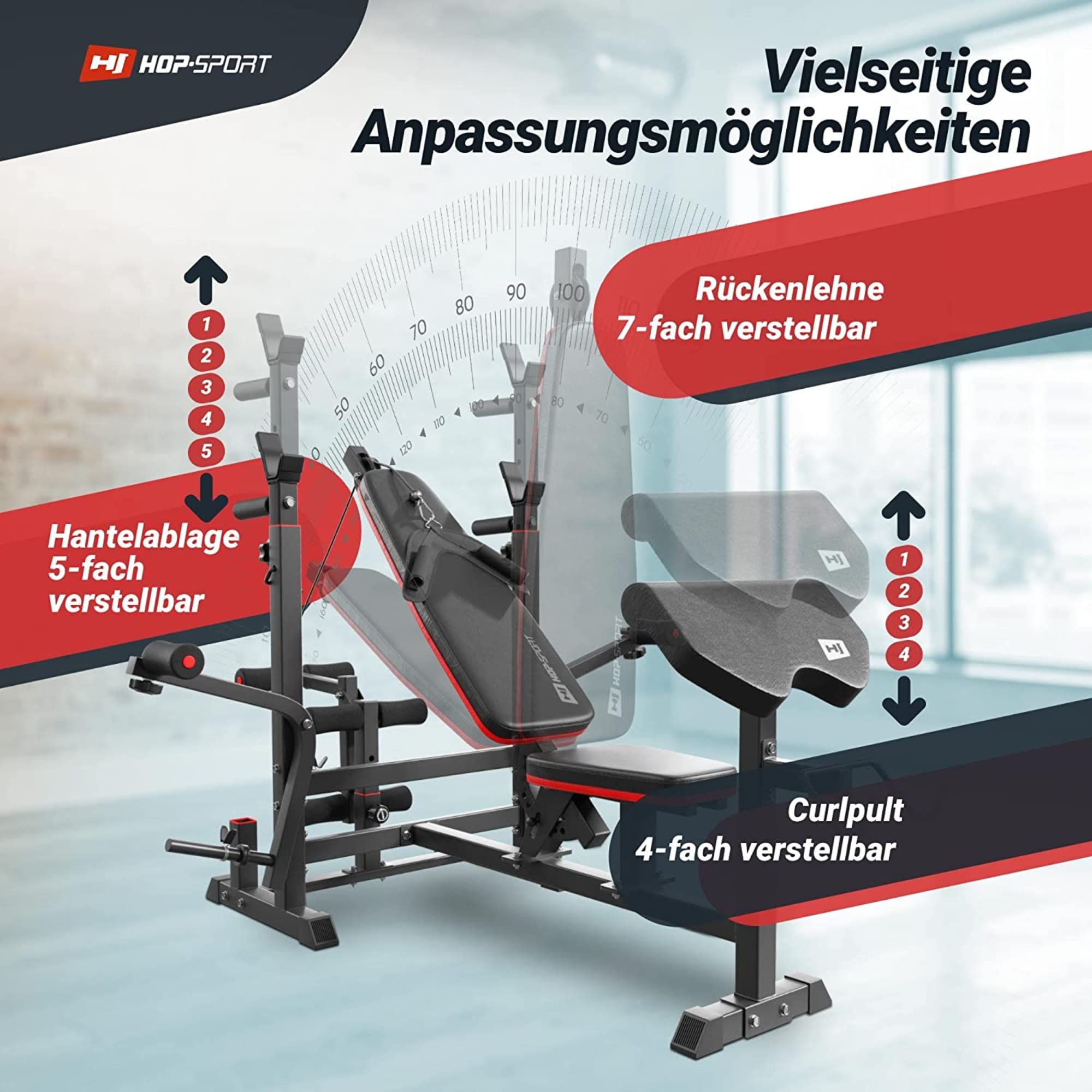 Hop-Sport - Hantelbank mit Latzug, multifunktionale Trainingsbank, verstellbare Schrägbank, inkl. Langhantelstange, SZ-Curlstange, Hantelset 75kg bis 173kg, max. Hantelbank Belastbarkeit 270 kg