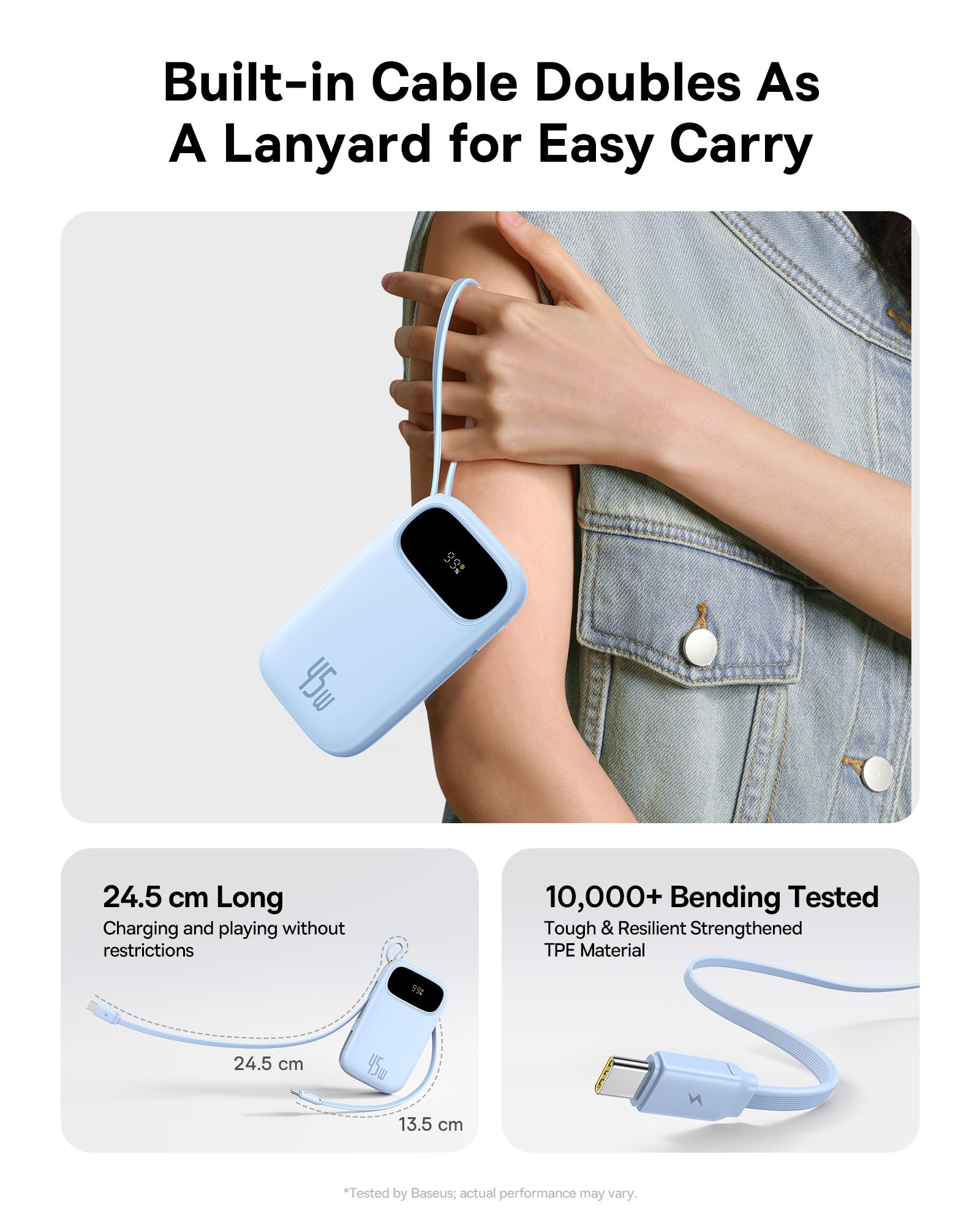 Baseus QPow3 - Batería externa para teléfono móvil (45 W, 20000 mAh, 2 cables USB-C integrados, PD3.0 QC4.0, 3 C 1 A, batería externa para iPhone 16/15/14 Pro Max, iPad, Samsung, azul)