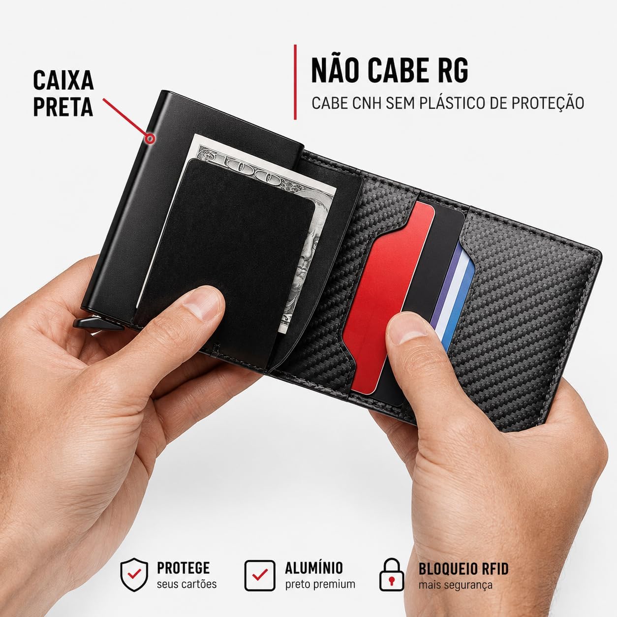 Carteira do Futuro Masculina, Porta Cartões Slim Antifurto RFID Pop Up
