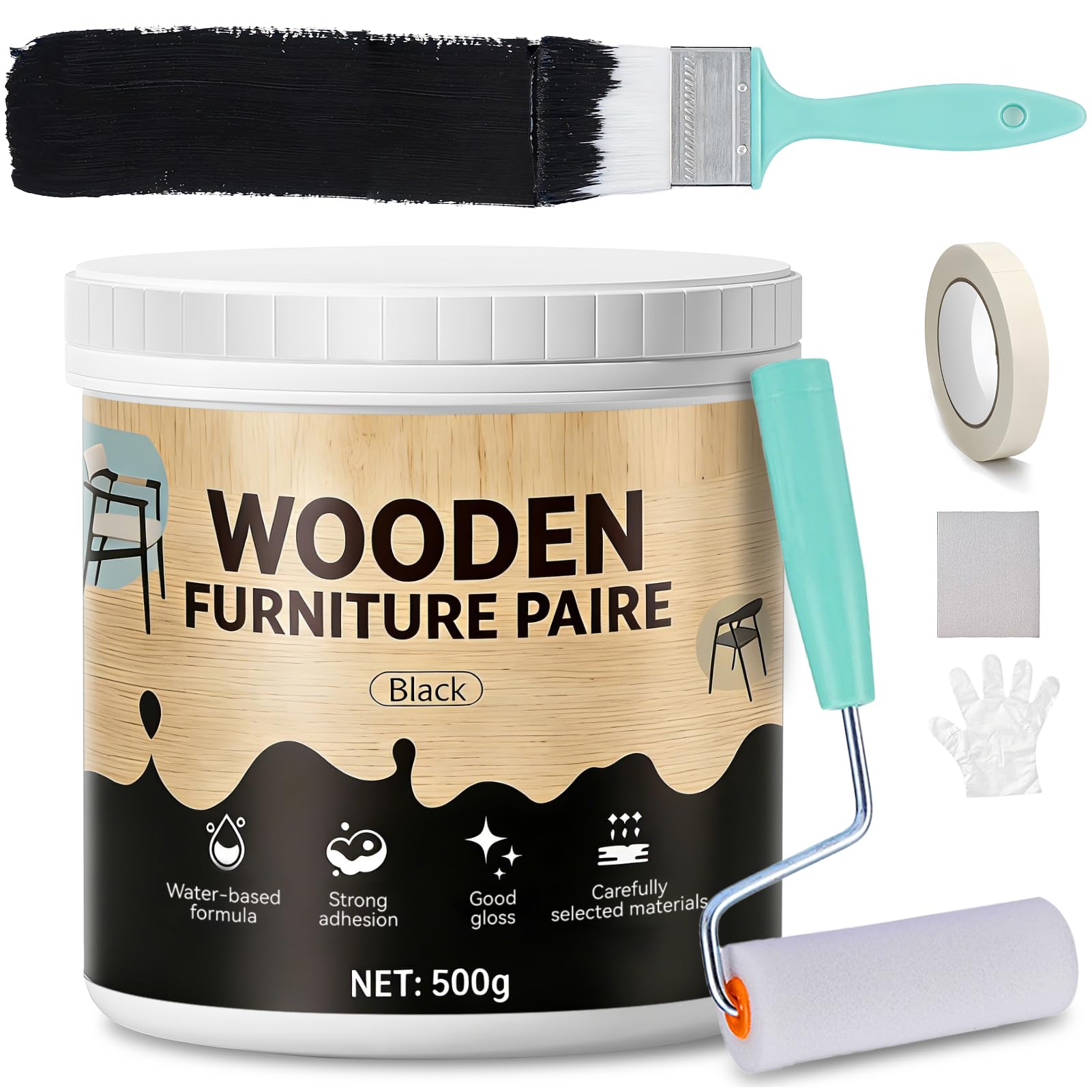 Peinture Noir Mat, Peinture Bois, Vernis Bois, Finition Mate à Base D'Eau, SéChage Rapide et RéSistante aux Rayures, Convient aux Tables, Armoires et Portes, Intérieur et Extérieur, 500g