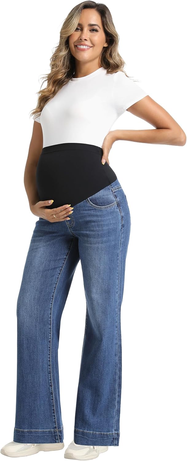 Foucome Women's Maternity Jeans Wide Leg Trendy Comfy Stretchy Straight Leg Pregnancy Denim Pants - Image 6
