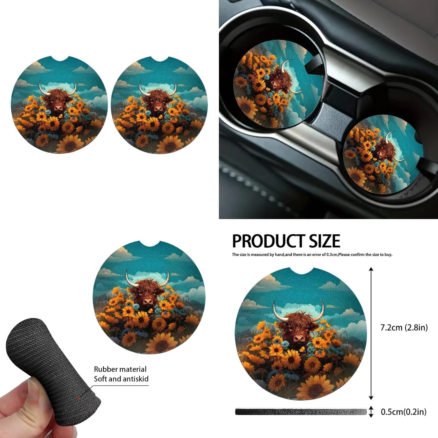 Highland Cow 9 PCS Set Car Front Seat Covers for Women, Sunflower Farm Cattle Steering Wheel Covers, Countryside Seat Belt Pads Keychains Coaster