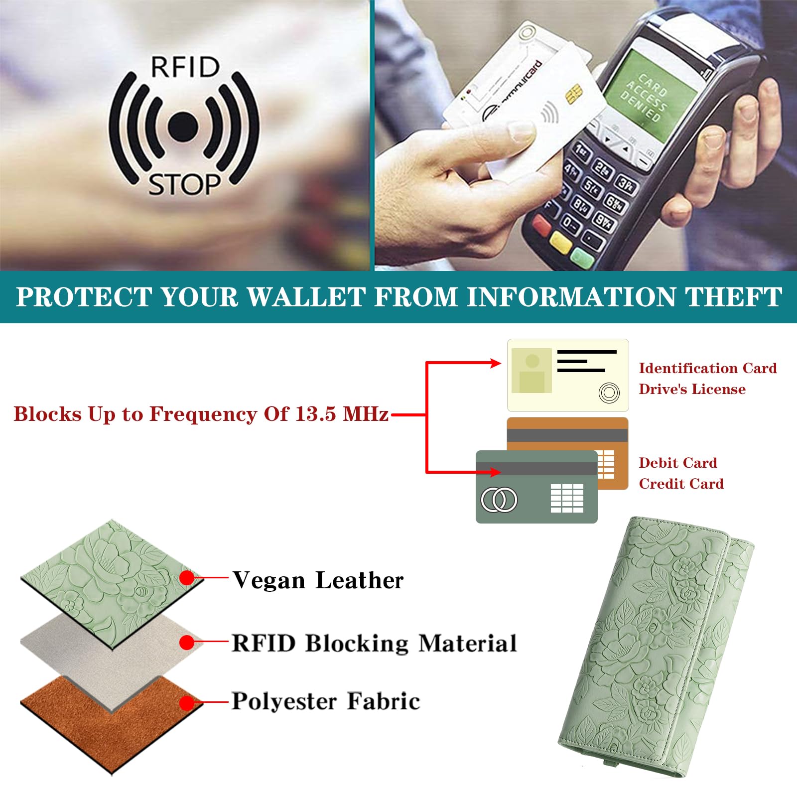 GAEKEAO Portafoglio Donna Grande con Stampa Floreale, Porta Carte in PU-Pelle, Portafogli Triplo con Polsino Rimovibile, Grande Capacità Pochette da Polso Donna con Protezione RFID, Clutch