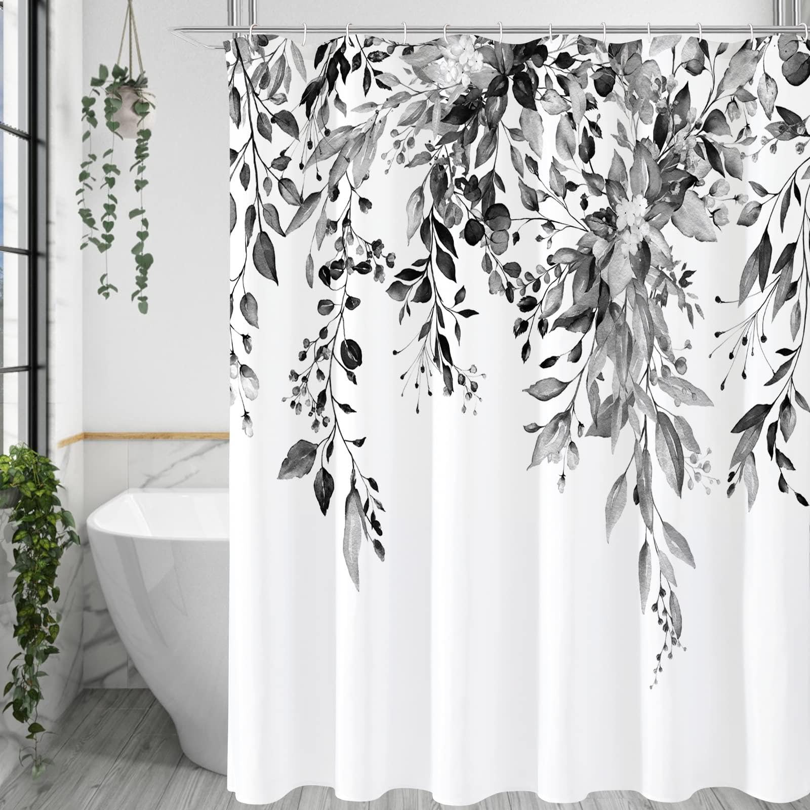 UIYIUI White Grey Eucalyptus Shower Curtain for Bathroom 59x94in-150x240cm Modern Watercolor Plant Leaf Floral Bathroom Shower Curtain Set with Hooks, Washable Waterproof Fabric Bath Curtains