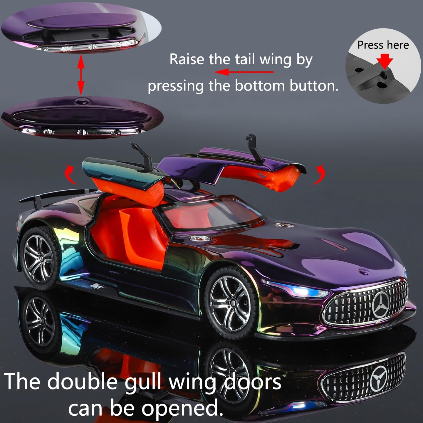 iLooboo Toy Car Model 1/24 Purple AMG Vision GT Alloy Collectible Vehicle Pull Back Die-Cast with Lights and Sound