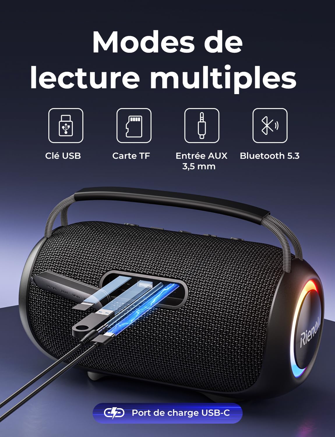 RIENOK Enceinte Bluetooth, 80W Enceinte Puissante, Tweeter et Woofer, 6000 mAh, 30H, IPX6, 128Go, Haut Parleur Bluetooth 5.3, Port Clé USB, AUX et TF Carte, pour Fêtes Soirées Voyage Extérieur, Noir