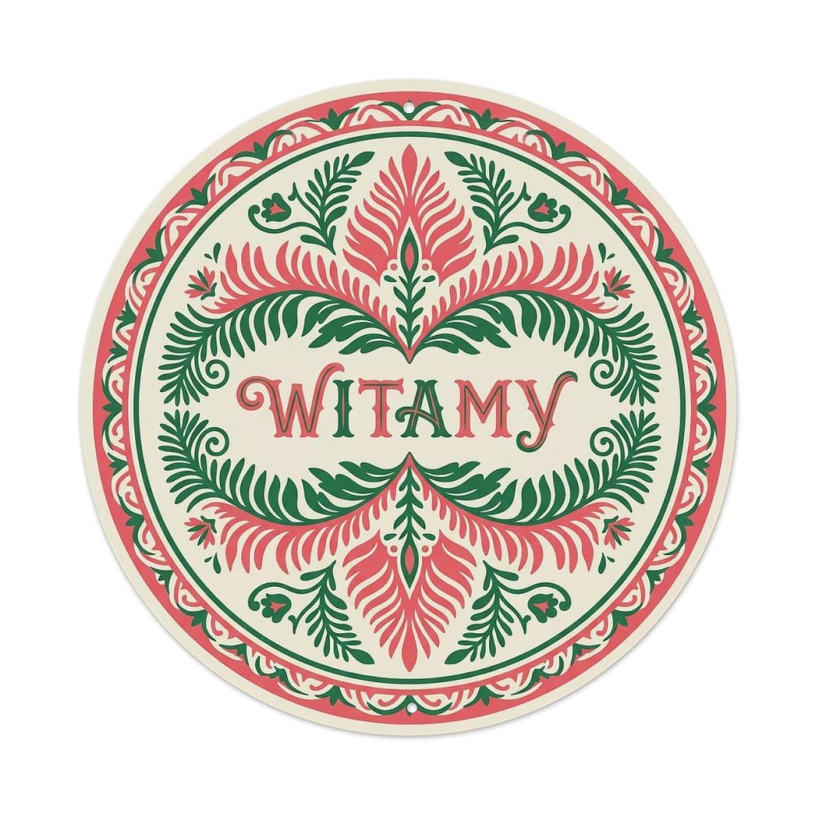 Vintage Polish Folk Art Witamy Welcome Coral Fern Metal Tin Sign