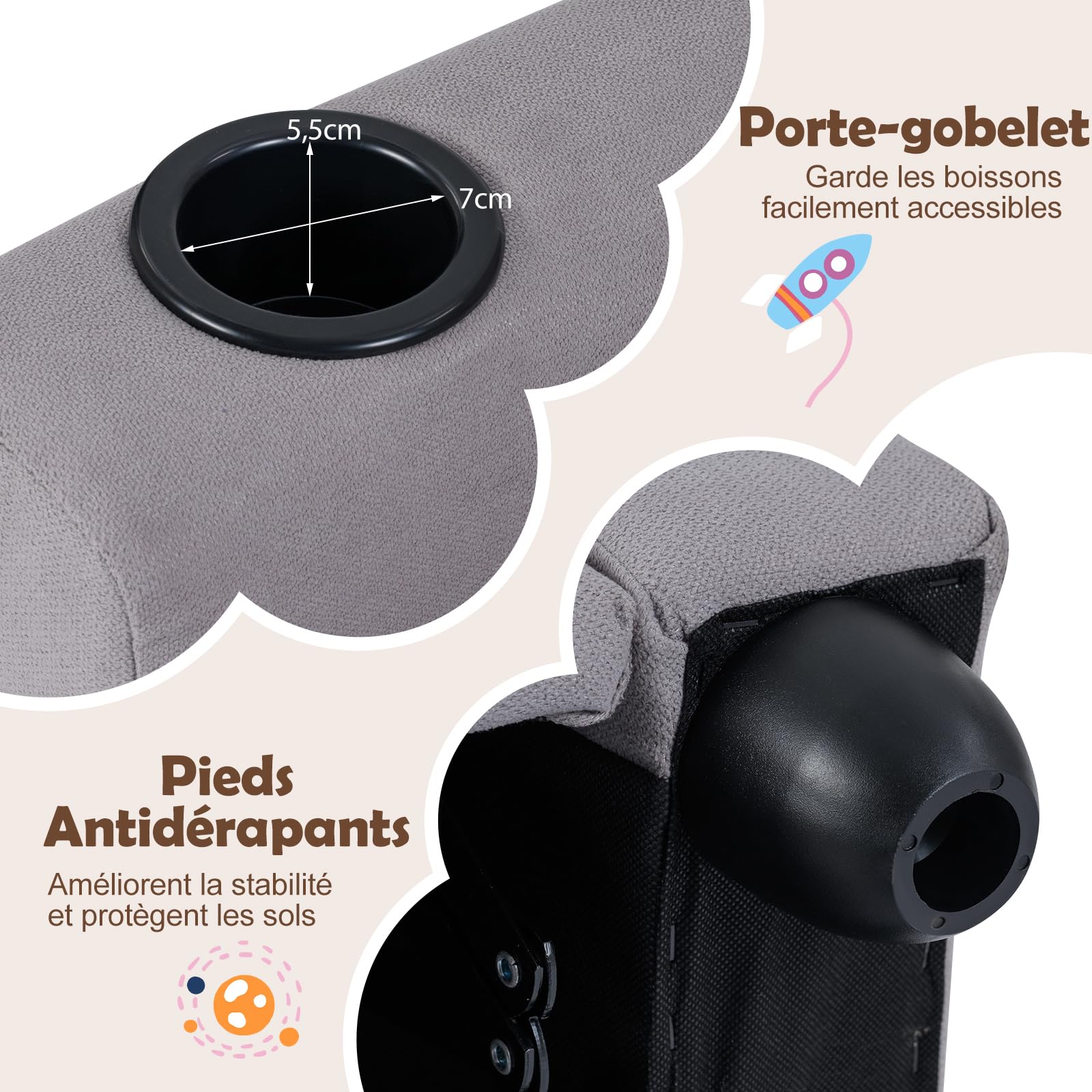 GOPLUS Fauteuil de Ralaxation Inclinable pour Enfant, Chaise de Détente Ergonomique avec Porte-gobelet, Dossier et Repose-Pieds Réglables, Surface en PU, Fauteuil Enfant 3+ Ans (Gris)
