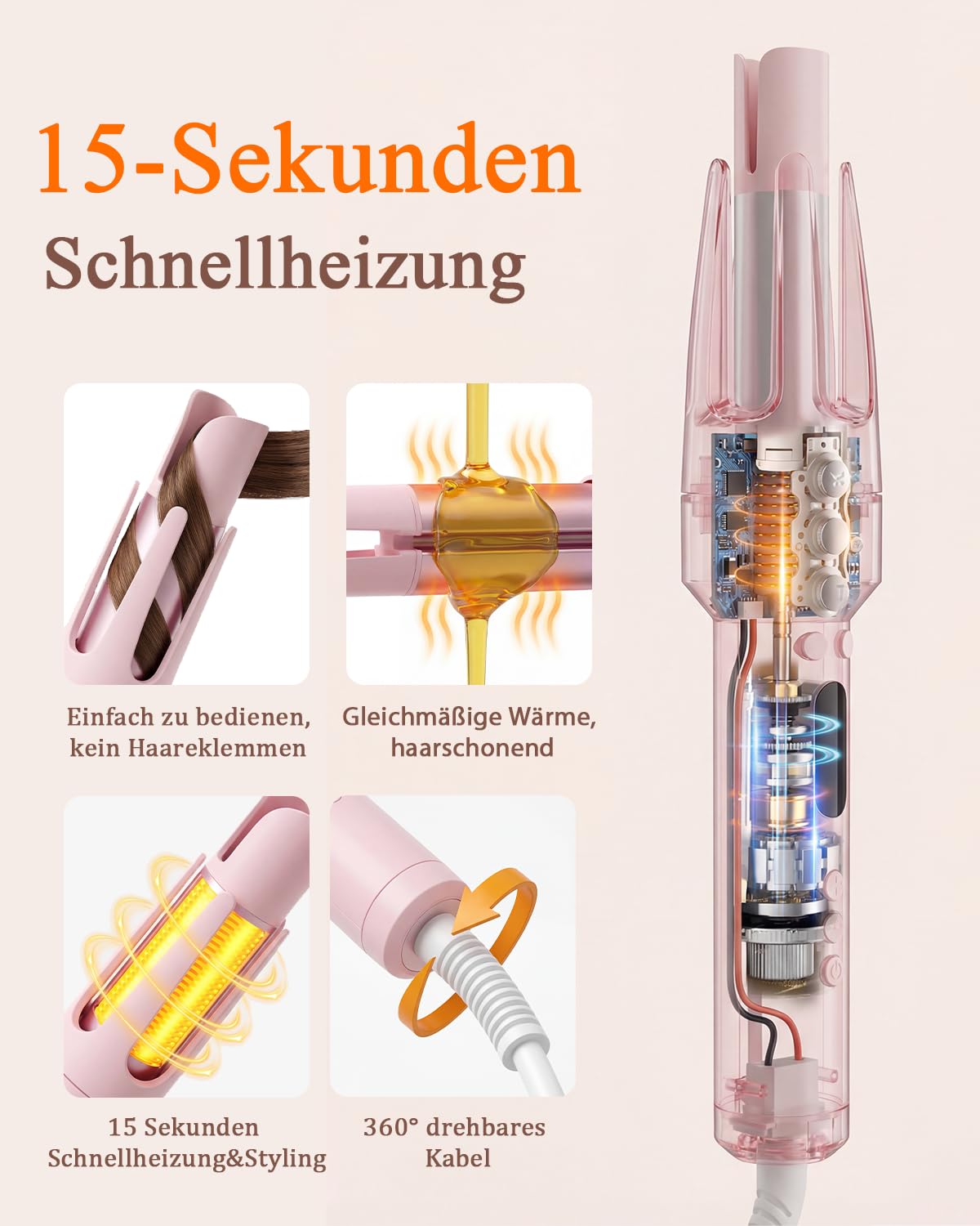 6-in-1Hairstyler, Lockenstab Automatisch Anzug, Glätteisen, Glättbürste, Wellen-Curling-Sticks, Ionen föhn, 25S Schnellheizung， für alle Anlässe und Reisen