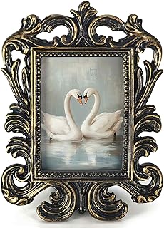 Vintage Couple Swan Valentines Small Picture Frame, Romantic Love Mini Ornate Photo Frame for TableTop Desk Decor,Rustic Baroque Art Prints Decorations Gifts for Bedroom Wife 1.7x2.5in Photo