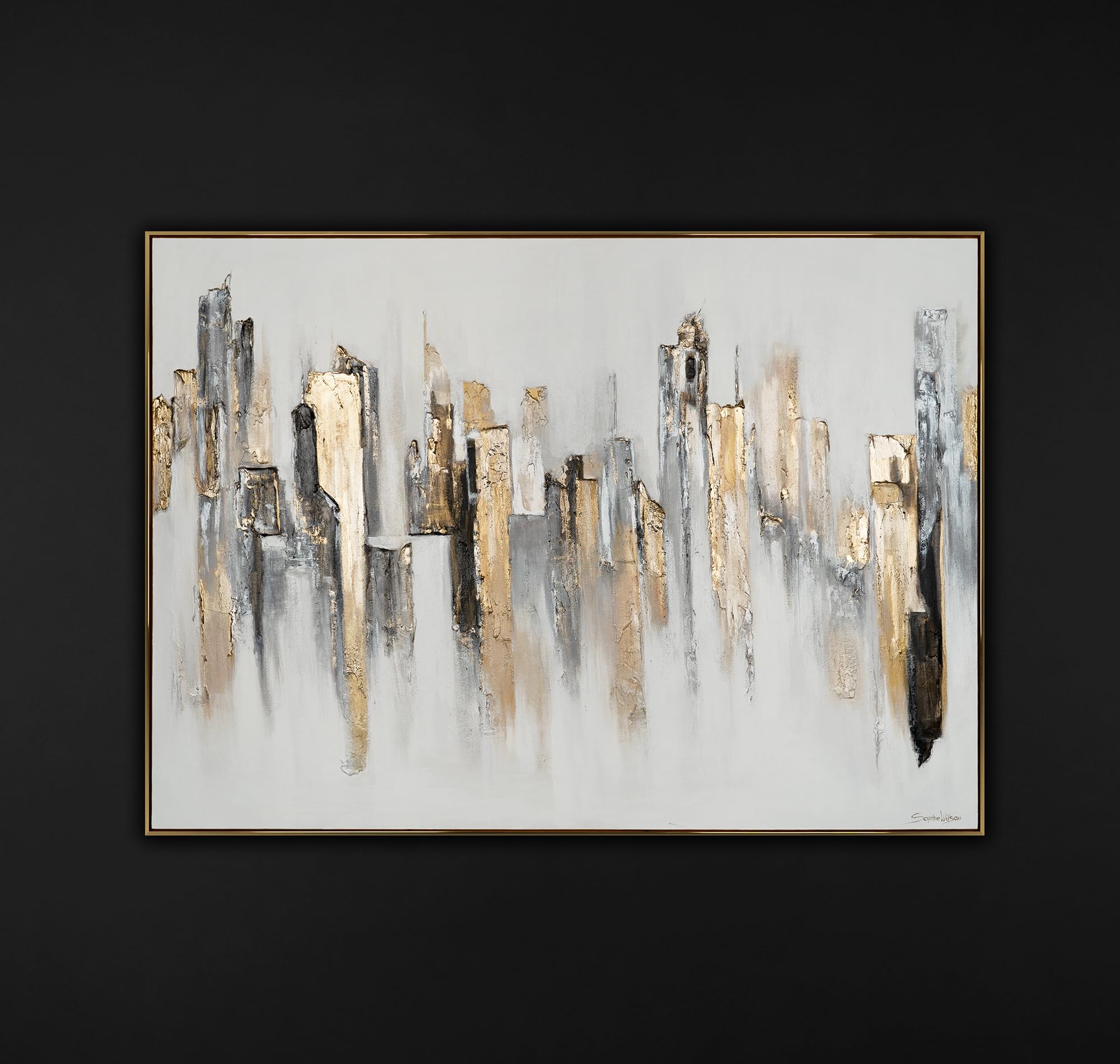 YS Tableau decoration murale salon Arbre de richesse paysage abstrait avec argent sur fond clair Surface texturée Décoration intérieure 100x100 cm