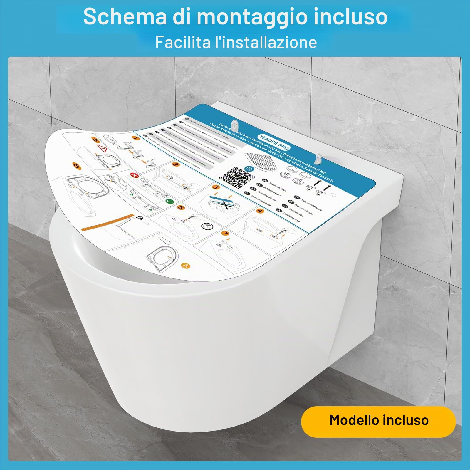 YEAUPE PRO Tavoletta WC D Forma, Copriwater, Sedile WC Chiusura Ammortizzata con Sgancio Rapido a un Pulsante, Modello di installazione allegato, Trama di rombo Bianco, 43,5 * 36,2 * 5,1 CM