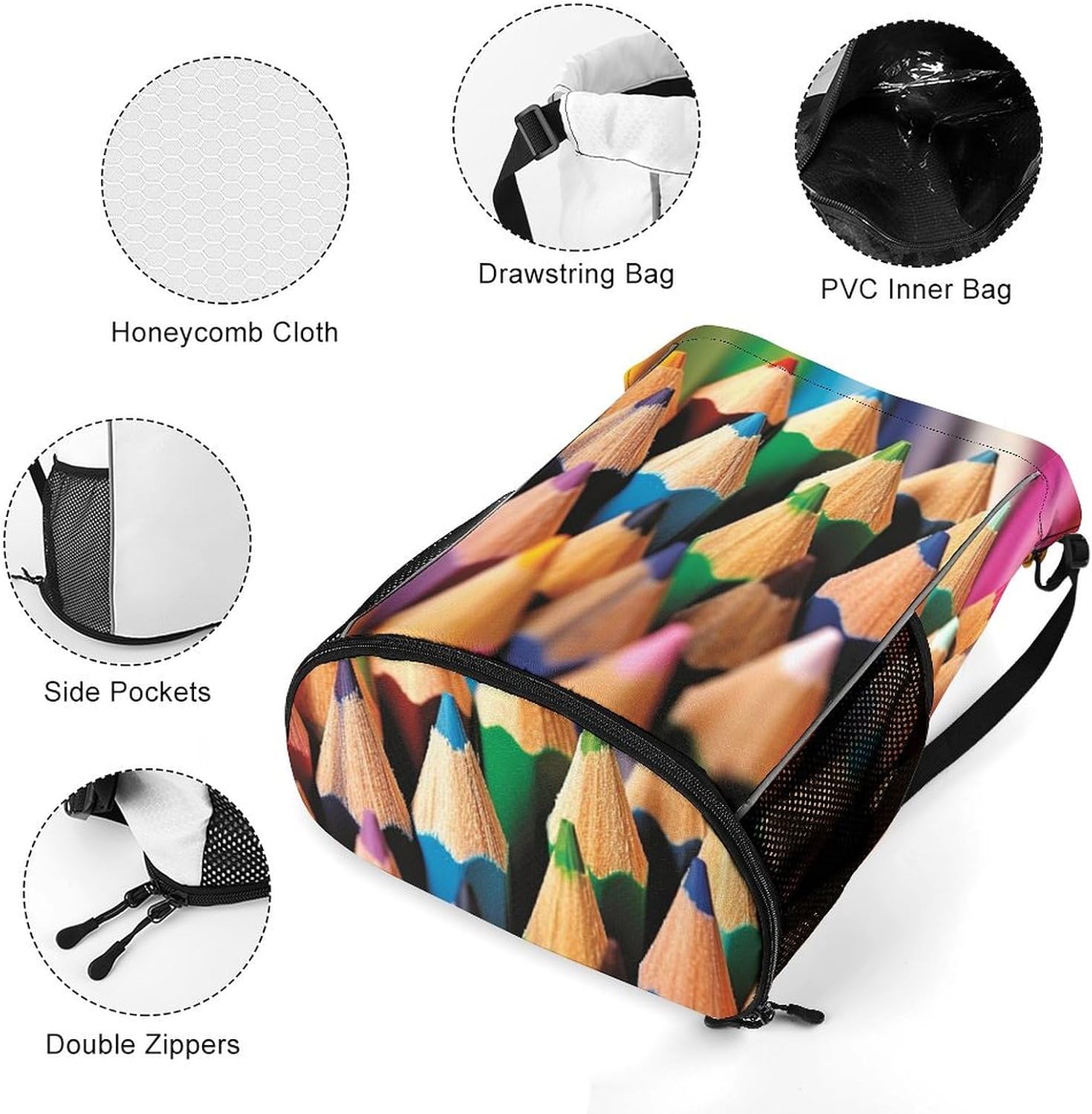 Colorful Pencils Drawstring Backpack Sports Gym Bag Dry And Wet Separation String Sackpack Bag for Women Men