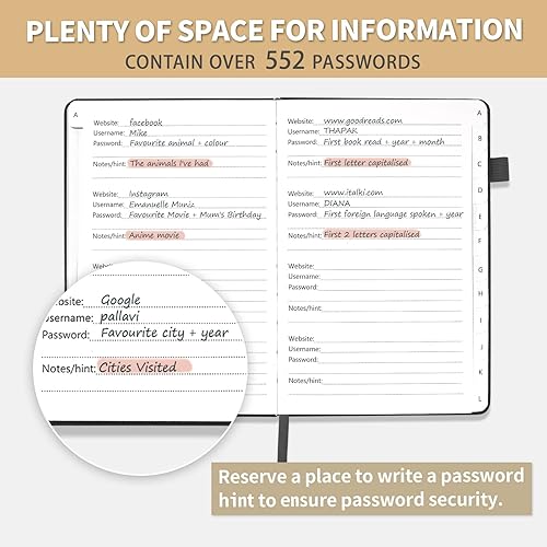 Vista 73 de Libro de contraseñas con pestañas alfabéticas, protector de contraseñas de tapa dura, organizador de cuadernos de contraseñas para computadora