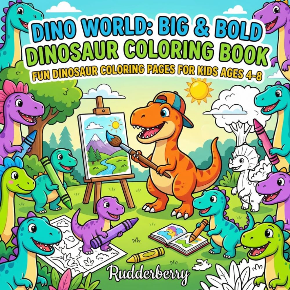 Dinosaur Coloring Book for Kids Ages 4-8: Big & Bold Dino World: 50 Fun & Easy Coloring Pages with Cute Friendly Dinosaurs — Extra Thick Outlines ... Bold Coloring Books for Kids by Rudderberry)