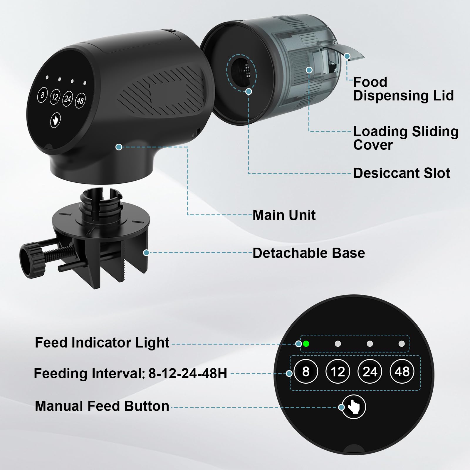 fishkeeper Futterautomat Aquarium mit Batteriebetrieb & Feuchtigkeitsbeständiges, 200ml Fischfutter Automat mit 4 Timer - Einstellungenideal für Urlaub und Reisen, Geeignet für Granulat & Flocken